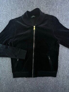 Lauren Ralph Lauren Velour Jacket Black Velvet Women’s Medium Small Full Zip
